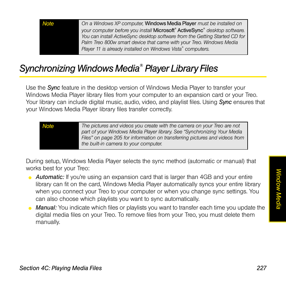 Synchronizing windows media® player library files, Synchronizing windows media, See “synchronizing windows media | Player library files” on, Player library files | Sprint Nextel Palm Treo 800w User Manual | Page 227 / 436