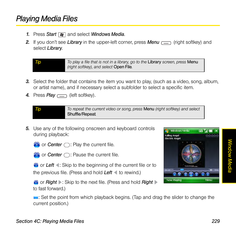 Playing media files | Sprint Nextel Palm Treo 800w User Manual | Page 229 / 436