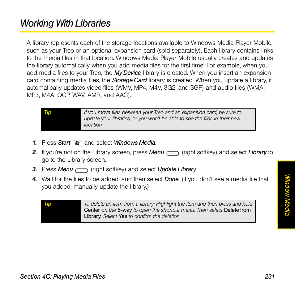 Working with libraries | Sprint Nextel Palm Treo 800w User Manual | Page 231 / 436