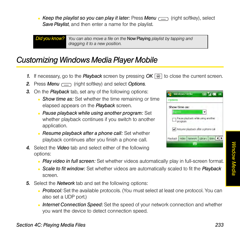 Customizing windows media player mobile | Sprint Nextel Palm Treo 800w User Manual | Page 233 / 436