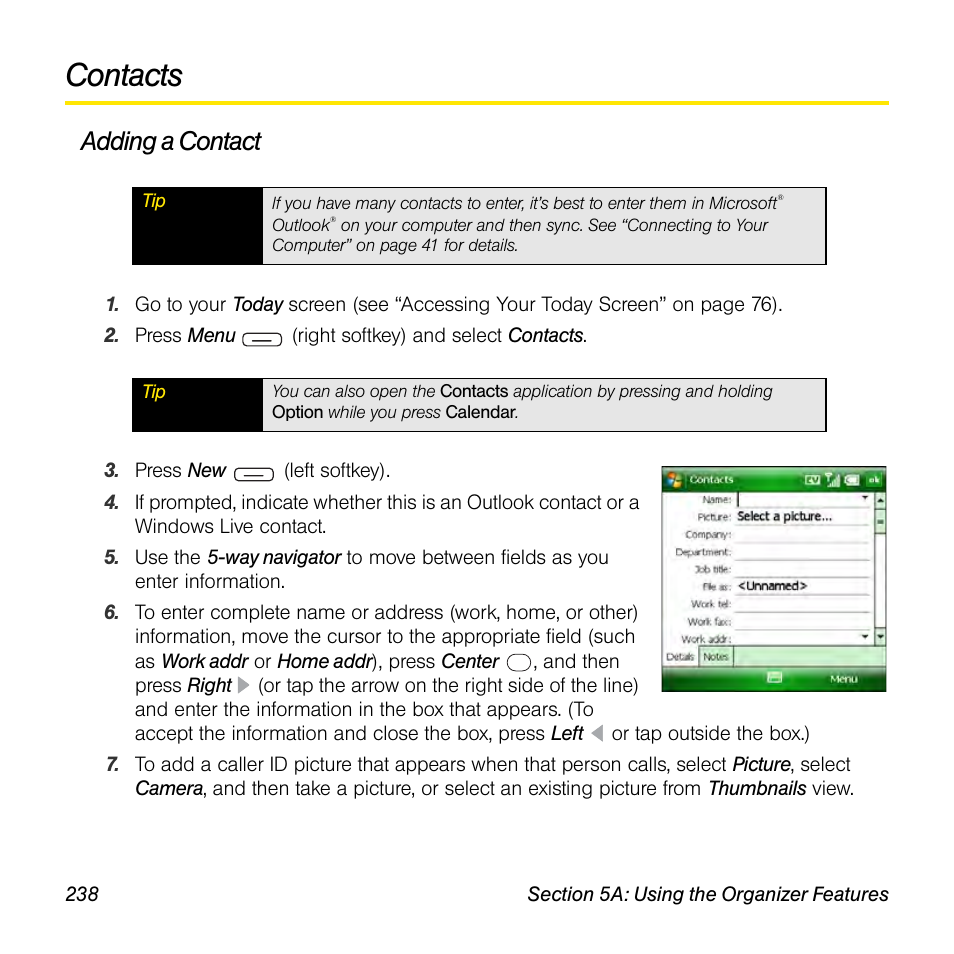 Contacts, Adding a contact | Sprint Nextel Palm Treo 800w User Manual | Page 238 / 436