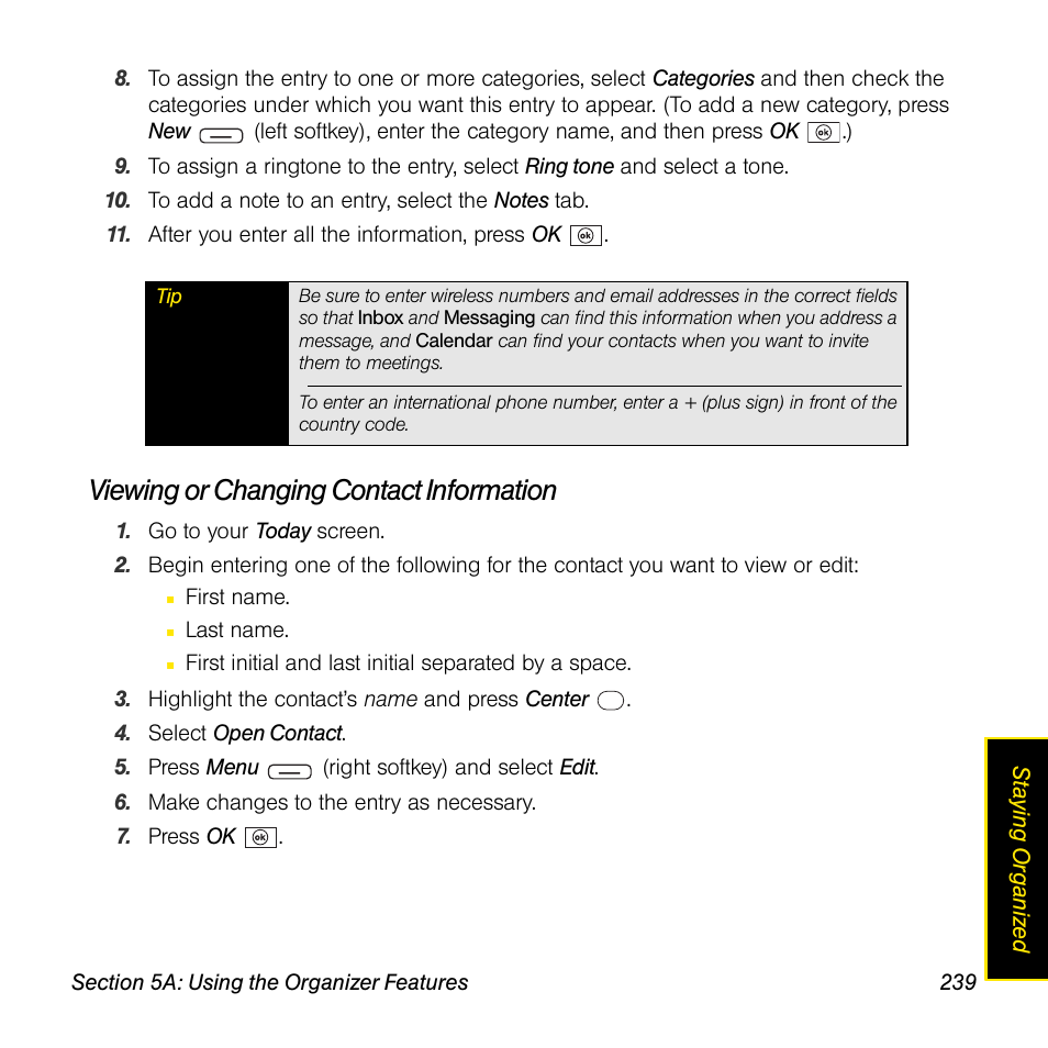 Viewing or changing contact information | Sprint Nextel Palm Treo 800w User Manual | Page 239 / 436