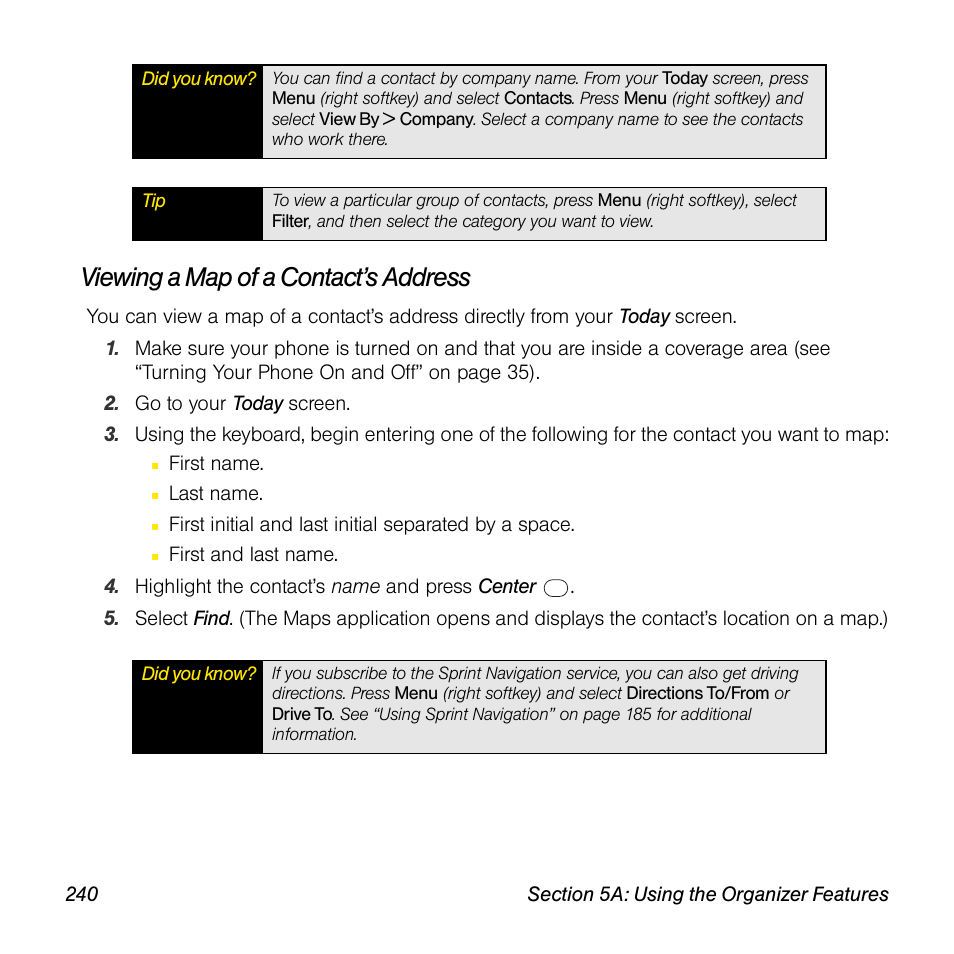Viewing a map of a contact’s address | Sprint Nextel Palm Treo 800w User Manual | Page 240 / 436