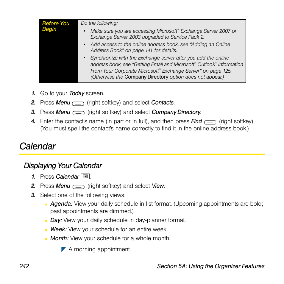 Calendar, Displaying your calendar | Sprint Nextel Palm Treo 800w User Manual | Page 242 / 436