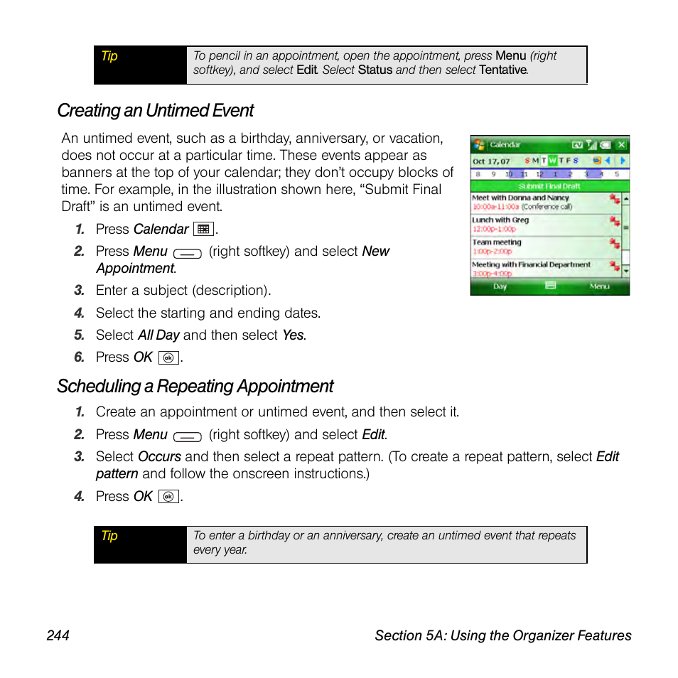 Creating an untimed event, Scheduling a repeating appointment | Sprint Nextel Palm Treo 800w User Manual | Page 244 / 436