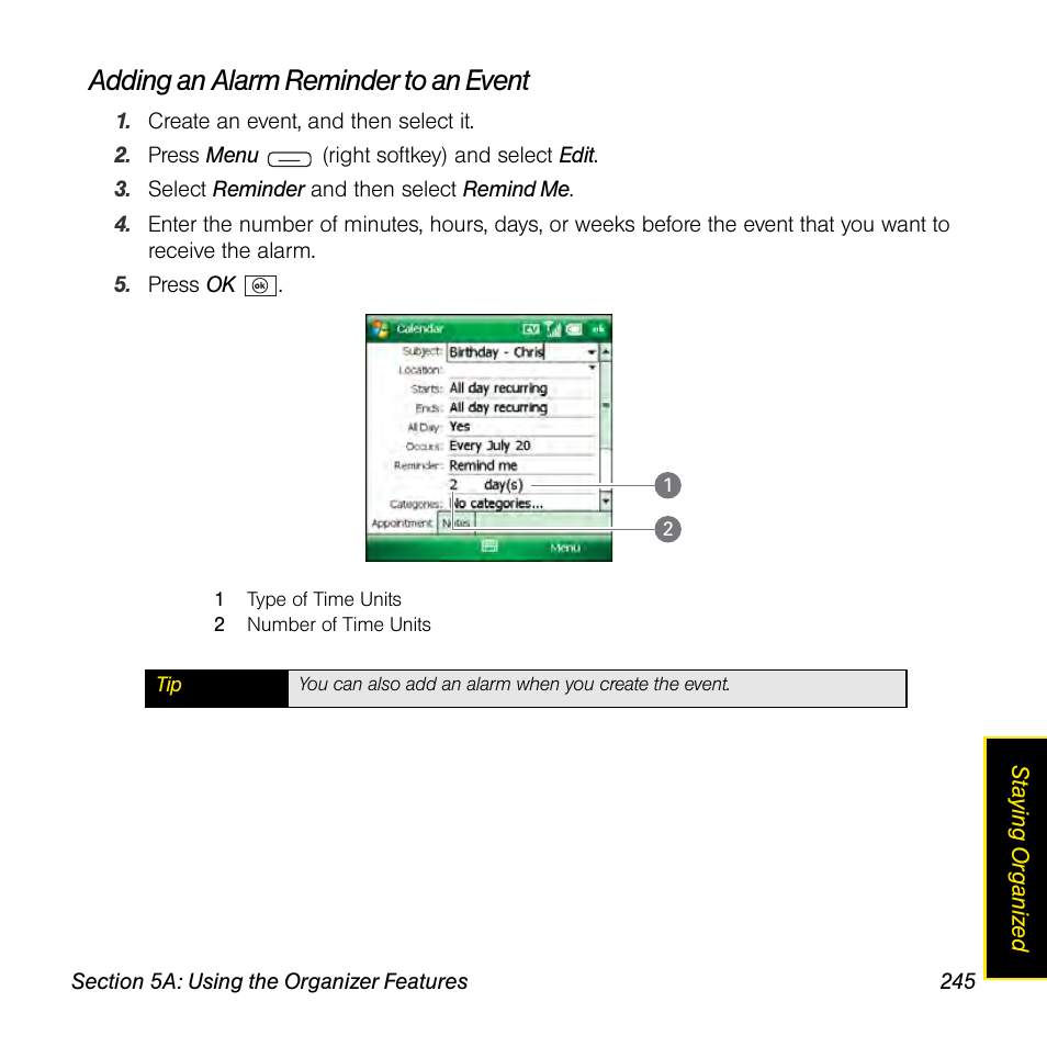 Adding an alarm reminder to an event | Sprint Nextel Palm Treo 800w User Manual | Page 245 / 436