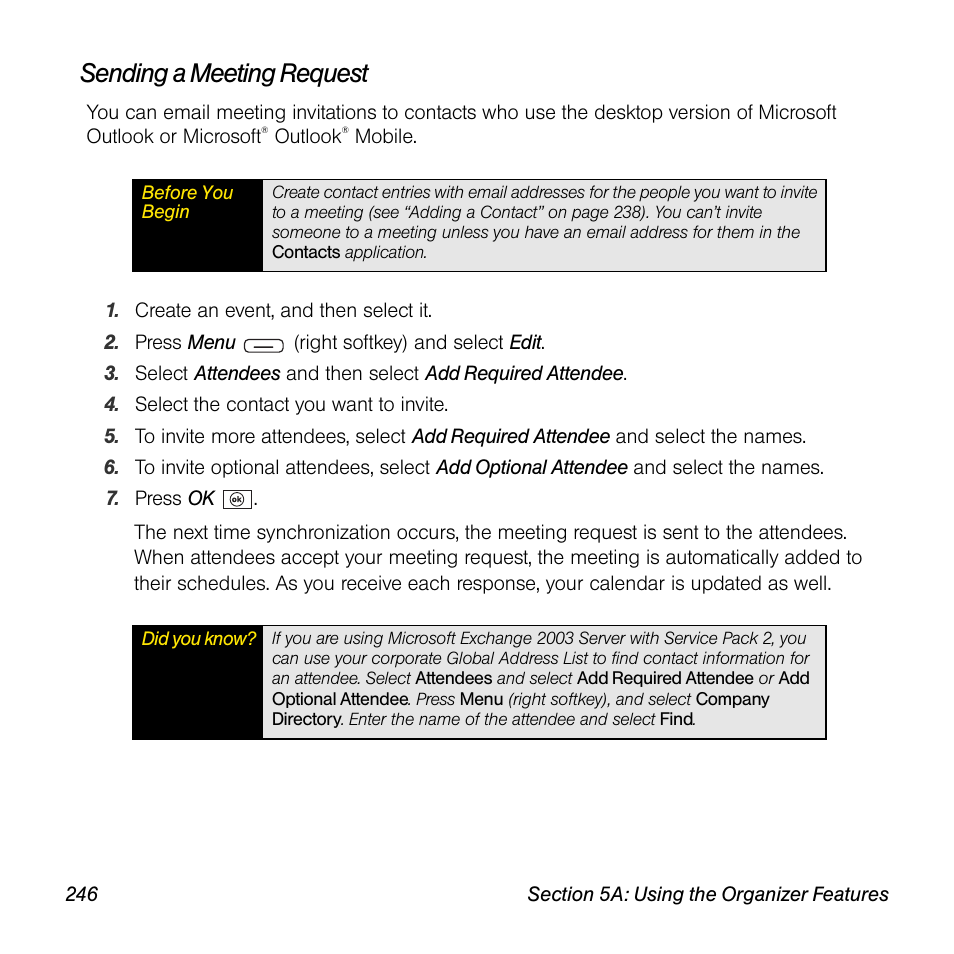 Sending a meeting request | Sprint Nextel Palm Treo 800w User Manual | Page 246 / 436
