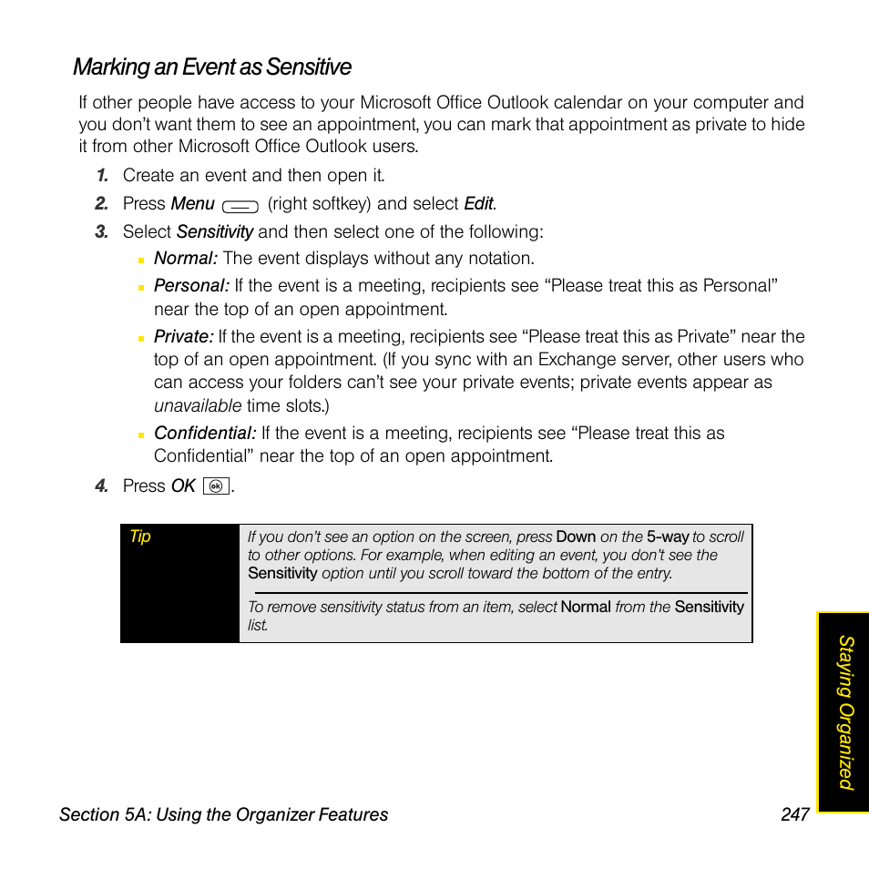 Marking an event as sensitive | Sprint Nextel Palm Treo 800w User Manual | Page 247 / 436
