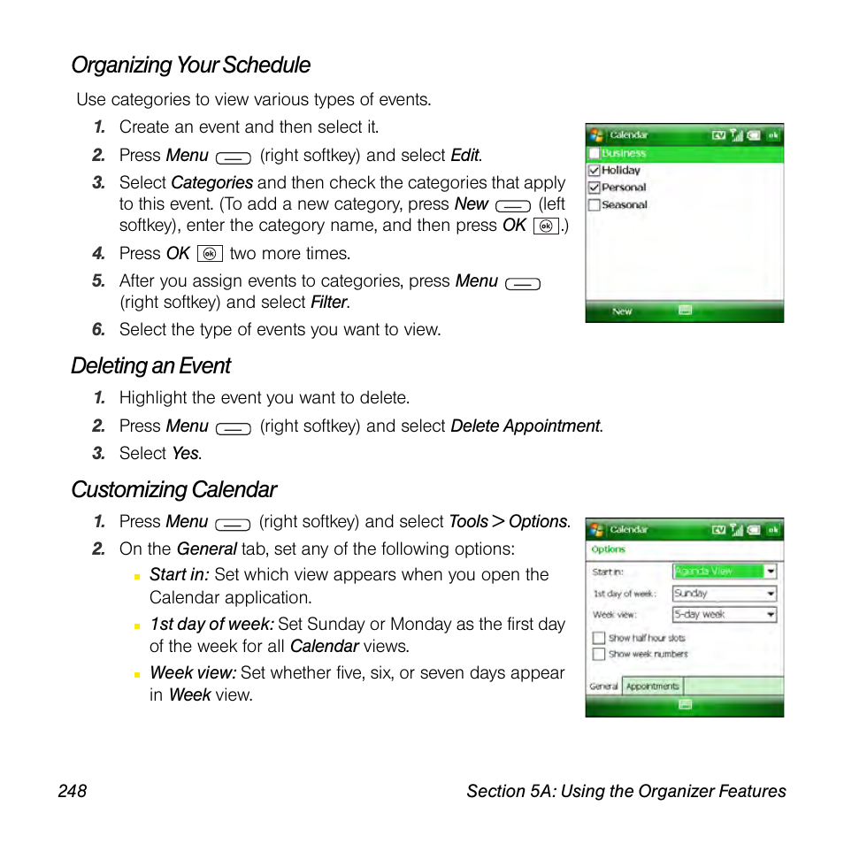 Organizing your schedule, Deleting an event, Customizing calendar | Sprint Nextel Palm Treo 800w User Manual | Page 248 / 436