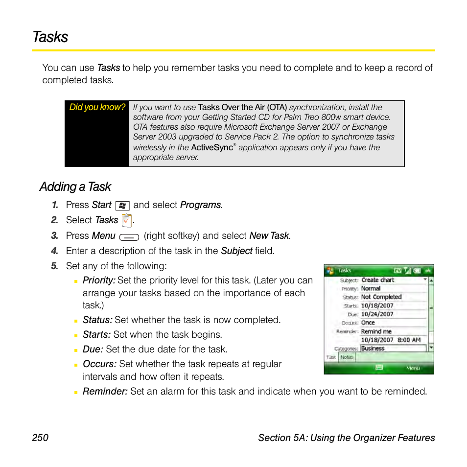 Tasks, Adding a task | Sprint Nextel Palm Treo 800w User Manual | Page 250 / 436