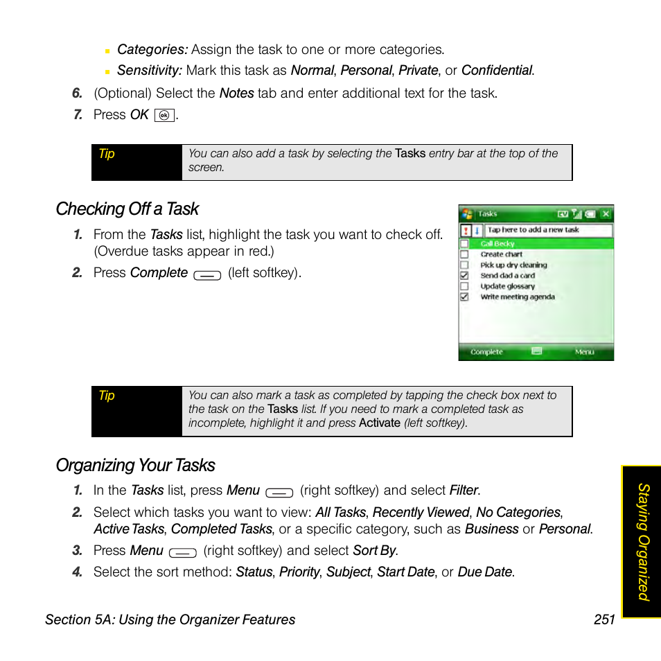 Checking off a task, Organizing your tasks | Sprint Nextel Palm Treo 800w User Manual | Page 251 / 436