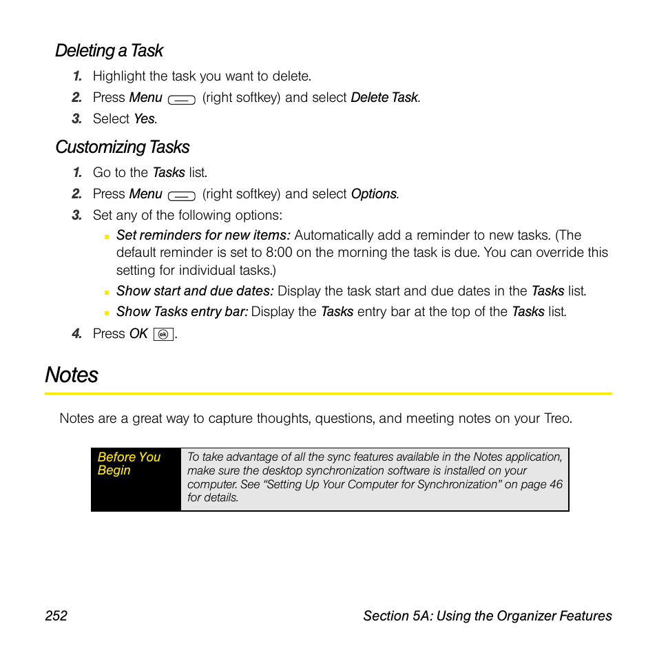 Deleting a task, Customizing tasks, Notes | Sprint Nextel Palm Treo 800w User Manual | Page 252 / 436
