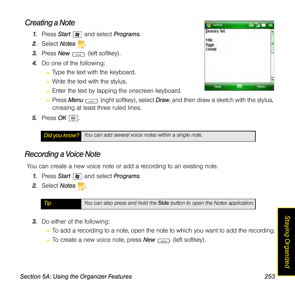 Creating a note, Recording a voice note | Sprint Nextel Palm Treo 800w User Manual | Page 253 / 436