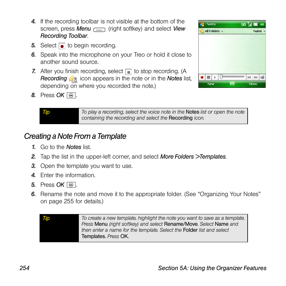 Creating a note from a template | Sprint Nextel Palm Treo 800w User Manual | Page 254 / 436