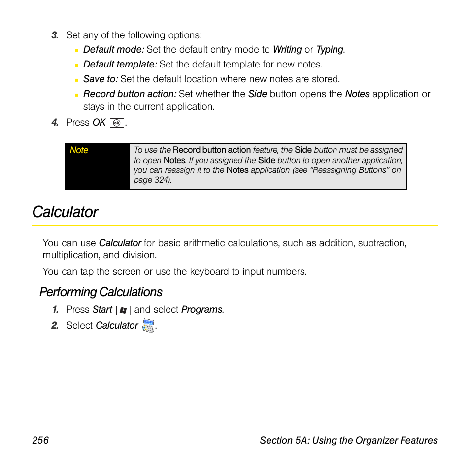 Calculator, Performing calculations | Sprint Nextel Palm Treo 800w User Manual | Page 256 / 436