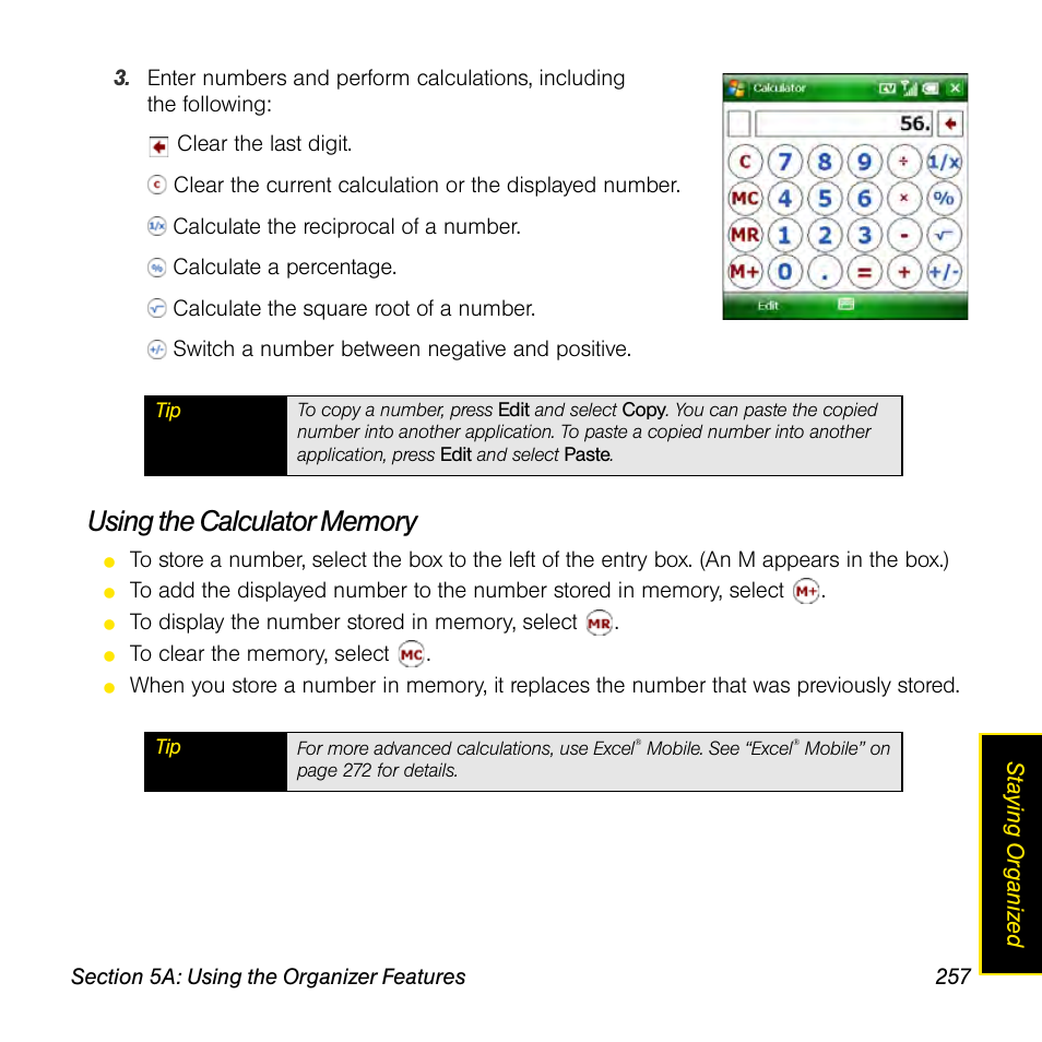 Using the calculator memory | Sprint Nextel Palm Treo 800w User Manual | Page 257 / 436