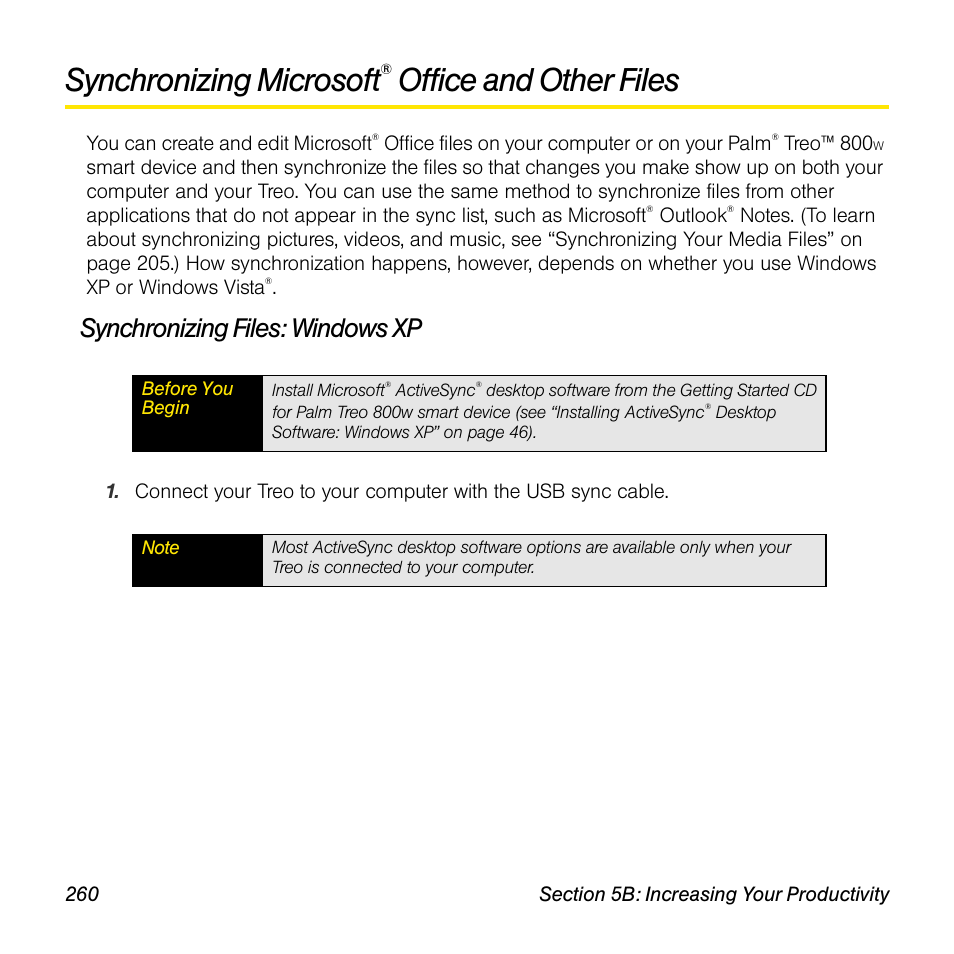 Synchronizing microsoft® office and other files, Synchronizing files: windows xp, Synchronizing microsoft | Office and, Office, Office and other files | Sprint Nextel Palm Treo 800w User Manual | Page 260 / 436