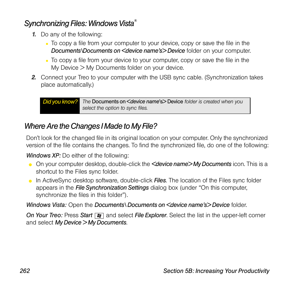 Synchronizing files: windows vista, Where are the changes i made to my file | Sprint Nextel Palm Treo 800w User Manual | Page 262 / 436