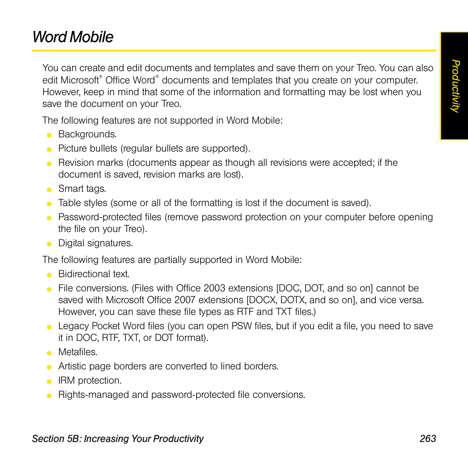 Word mobile, Prod ucti vi ty | Sprint Nextel Palm Treo 800w User Manual | Page 263 / 436