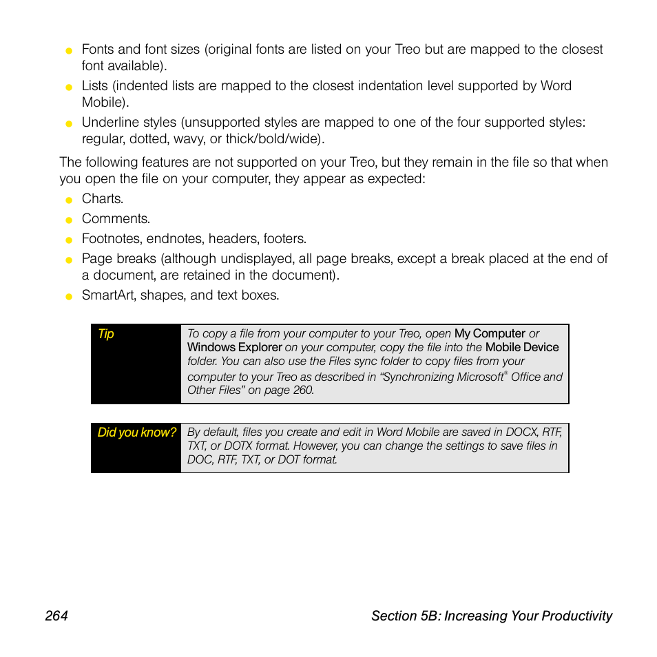 Charts, Comments, Smartart, shapes, and text boxes | Sprint Nextel Palm Treo 800w User Manual | Page 264 / 436