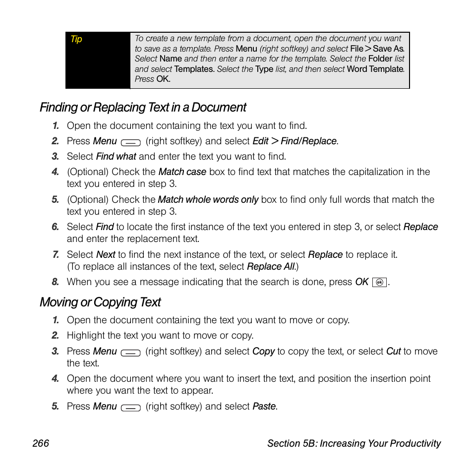 Finding or replacing text in a document, Moving or copying text | Sprint Nextel Palm Treo 800w User Manual | Page 266 / 436