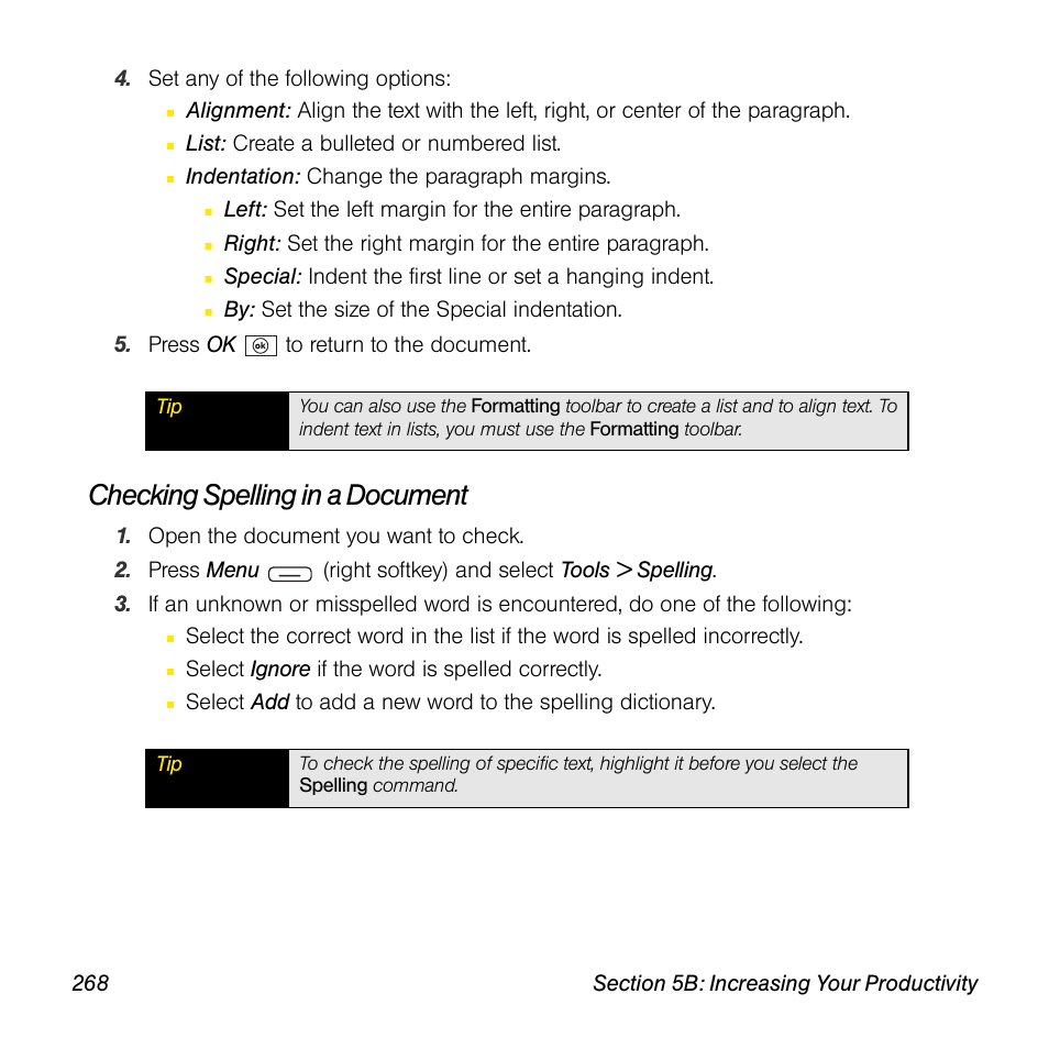 Checking spelling in a document | Sprint Nextel Palm Treo 800w User Manual | Page 268 / 436