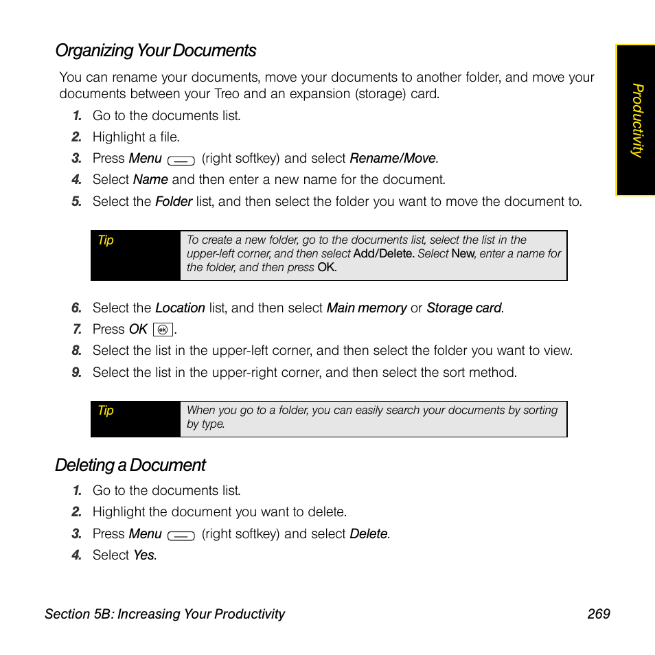 Organizing your documents, Deleting a document | Sprint Nextel Palm Treo 800w User Manual | Page 269 / 436