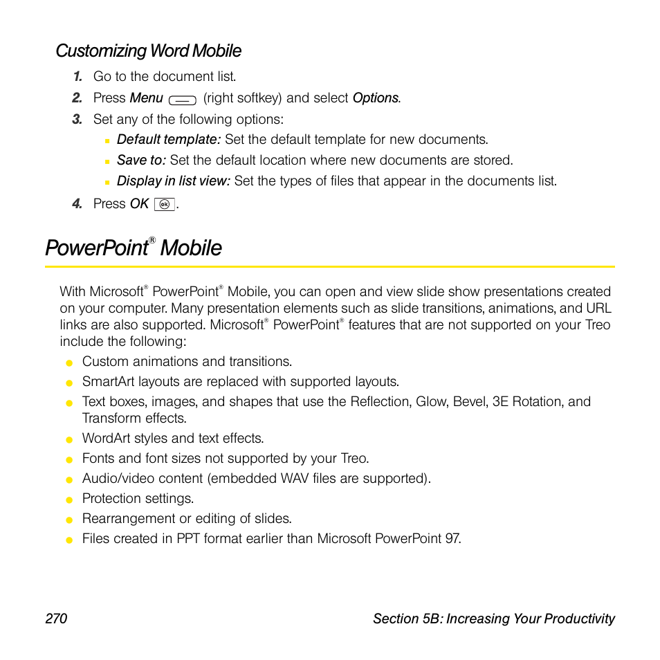 Customizing word mobile, Powerpoint® mobile, Powerpoint | Mobile | Sprint Nextel Palm Treo 800w User Manual | Page 270 / 436