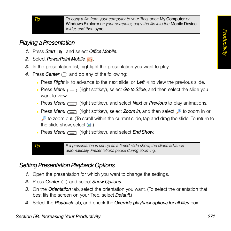 Playing a presentation, Setting presentation playback options | Sprint Nextel Palm Treo 800w User Manual | Page 271 / 436