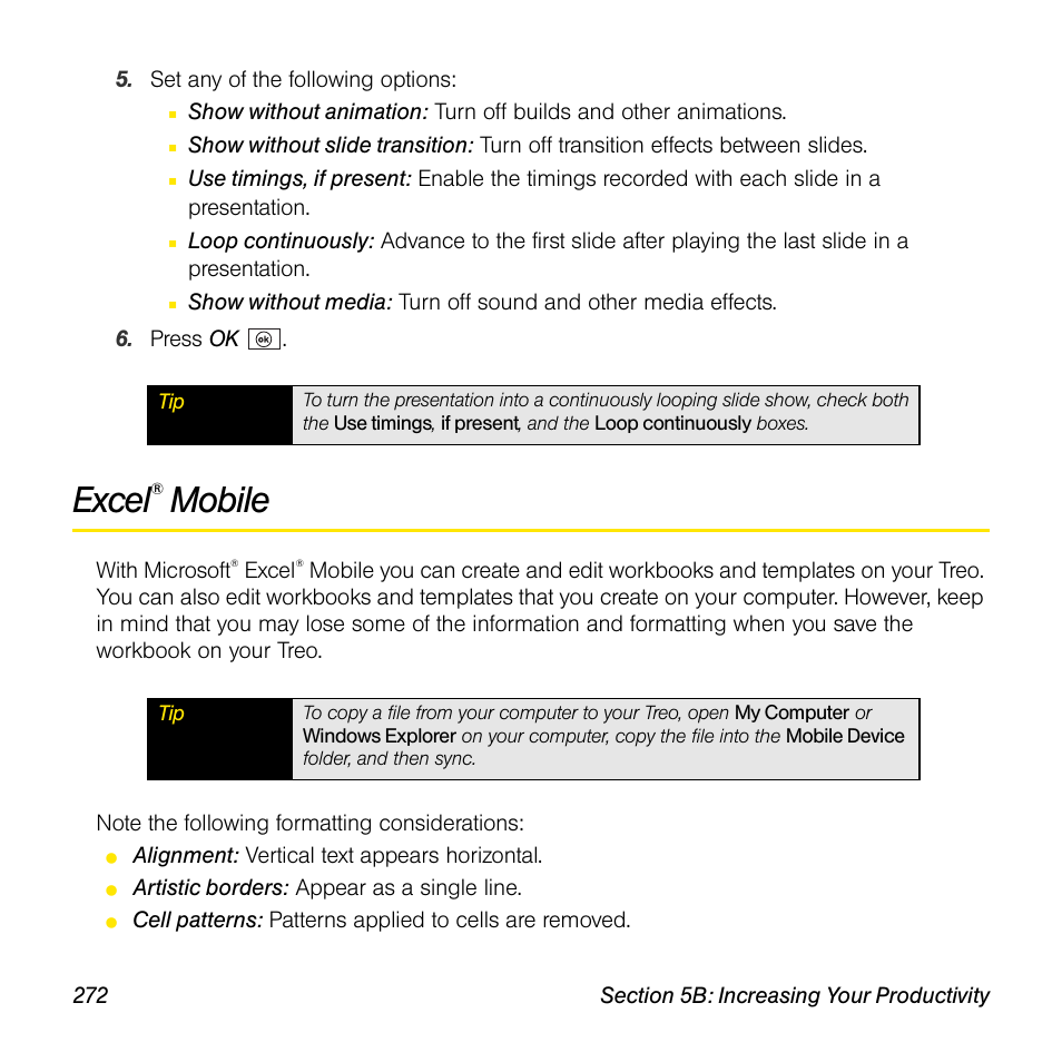 Excel® mobile, Excel, Mobile” on | Mobile | Sprint Nextel Palm Treo 800w User Manual | Page 272 / 436