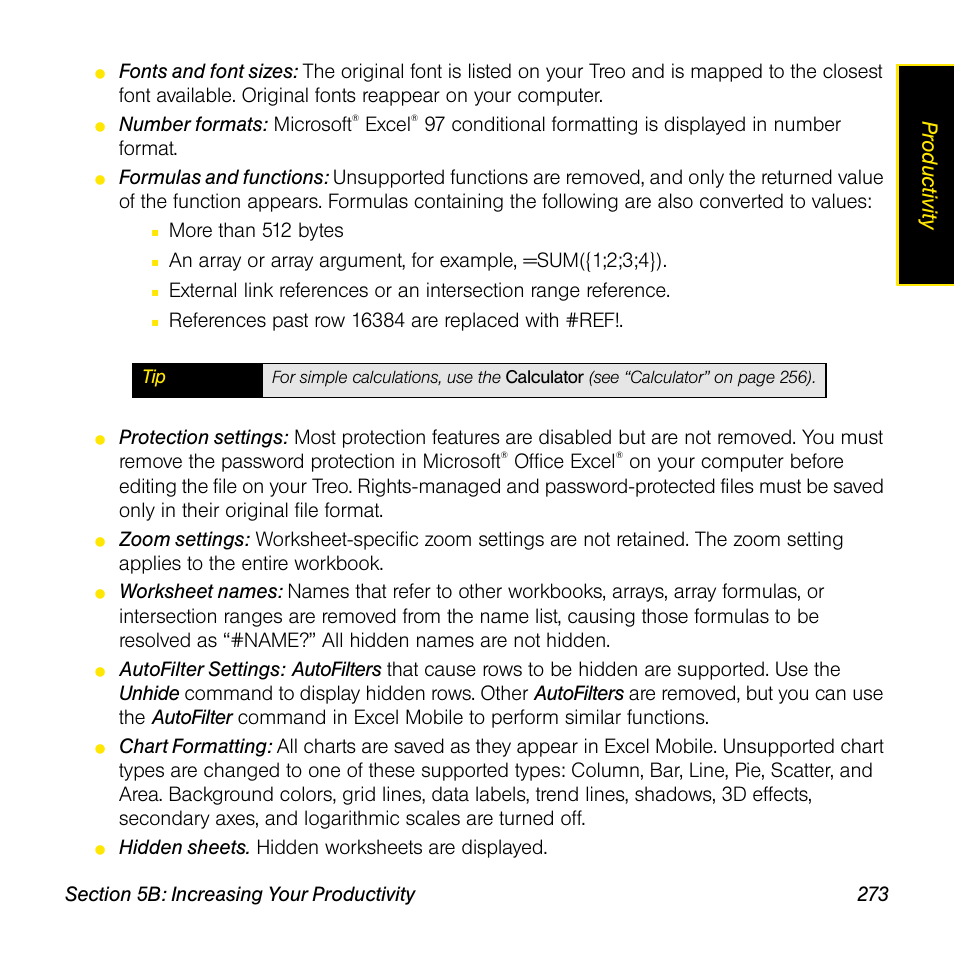 Prod ucti vi ty, Number formats: microsoft, Excel | More than 512 bytes, Office excel, Hidden sheets. hidden worksheets are displayed | Sprint Nextel Palm Treo 800w User Manual | Page 273 / 436