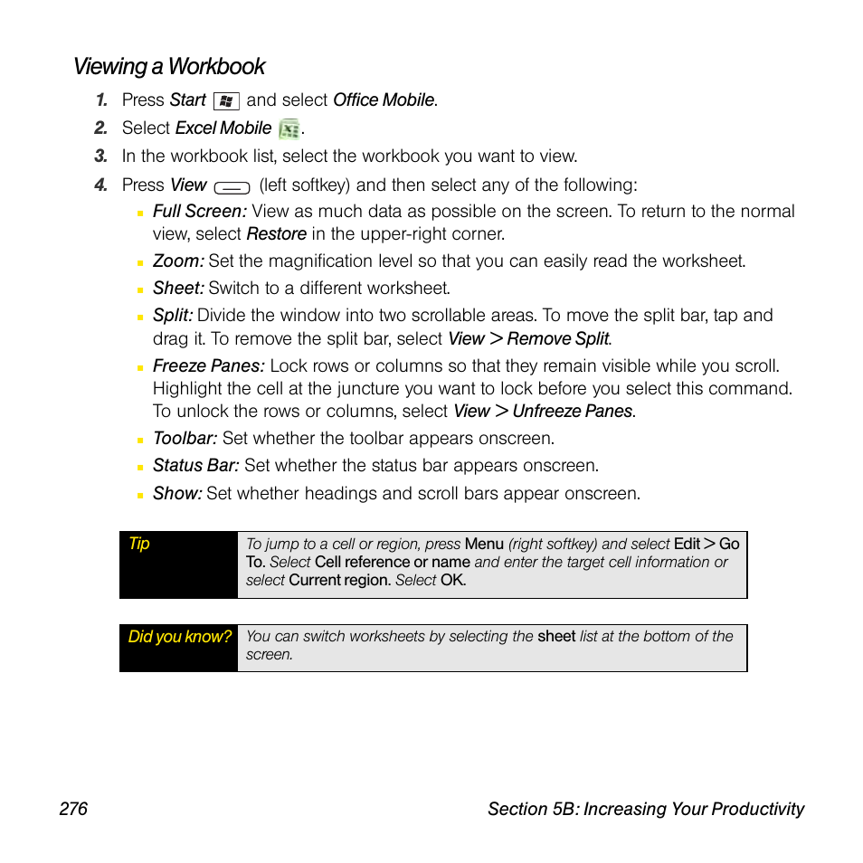 Viewing a workbook | Sprint Nextel Palm Treo 800w User Manual | Page 276 / 436