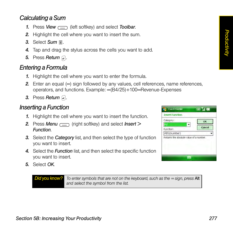 Calculating a sum, Entering a formula, Inserting a function | Sprint Nextel Palm Treo 800w User Manual | Page 277 / 436