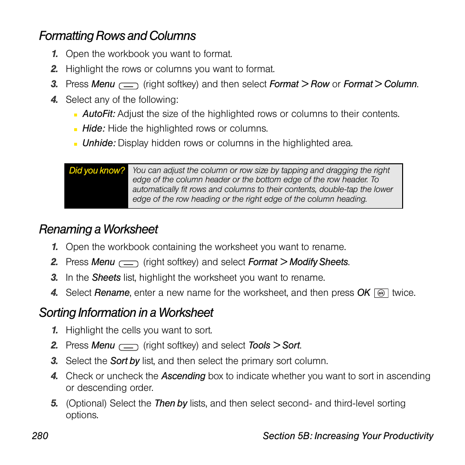 Formatting rows and columns, Renaming a worksheet, Sorting information in a worksheet | Sprint Nextel Palm Treo 800w User Manual | Page 280 / 436