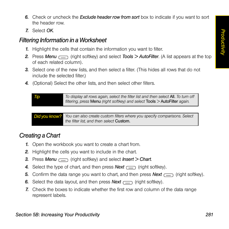 Filtering information in a worksheet, Creating a chart | Sprint Nextel Palm Treo 800w User Manual | Page 281 / 436