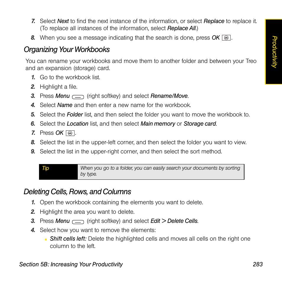 Organizing your workbooks, Deleting cells, rows, and columns | Sprint Nextel Palm Treo 800w User Manual | Page 283 / 436