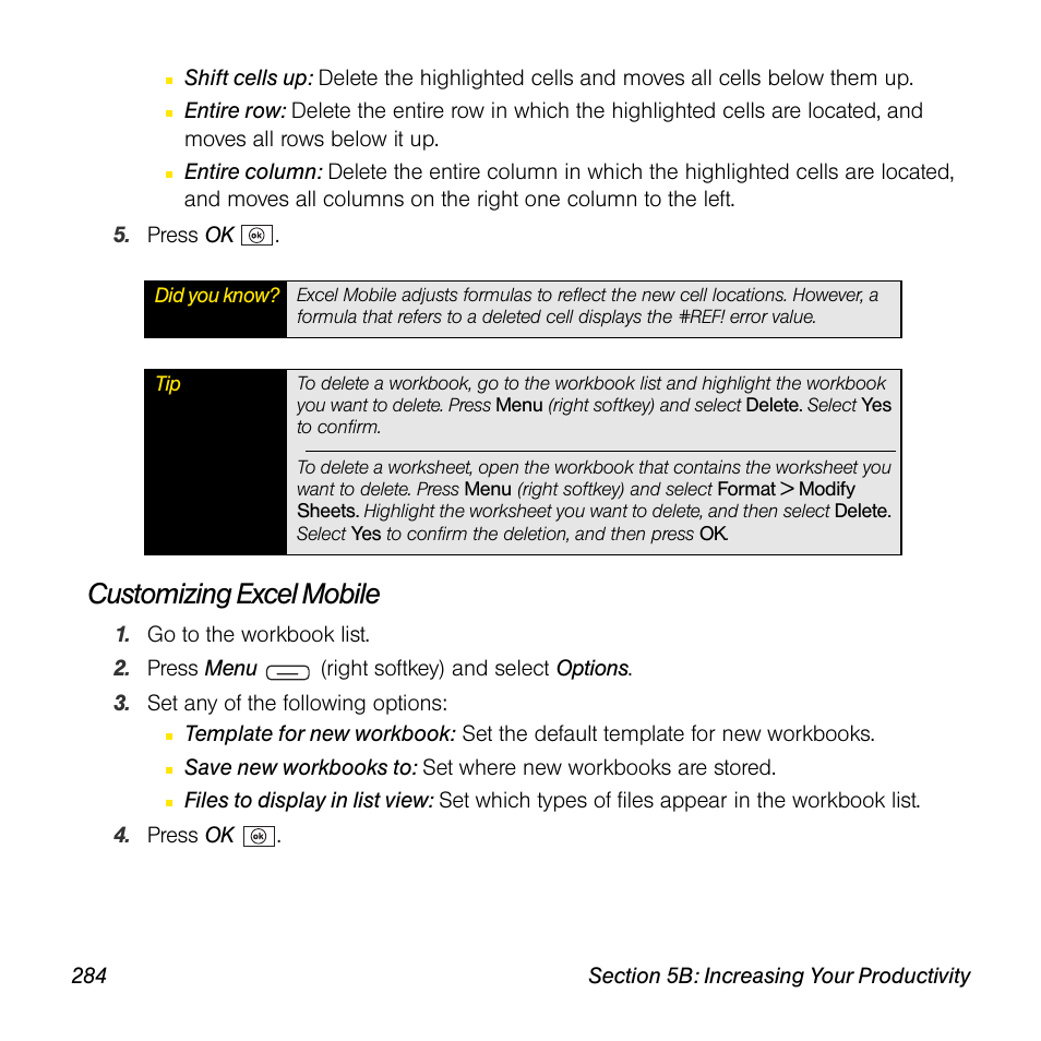 Customizing excel mobile | Sprint Nextel Palm Treo 800w User Manual | Page 284 / 436