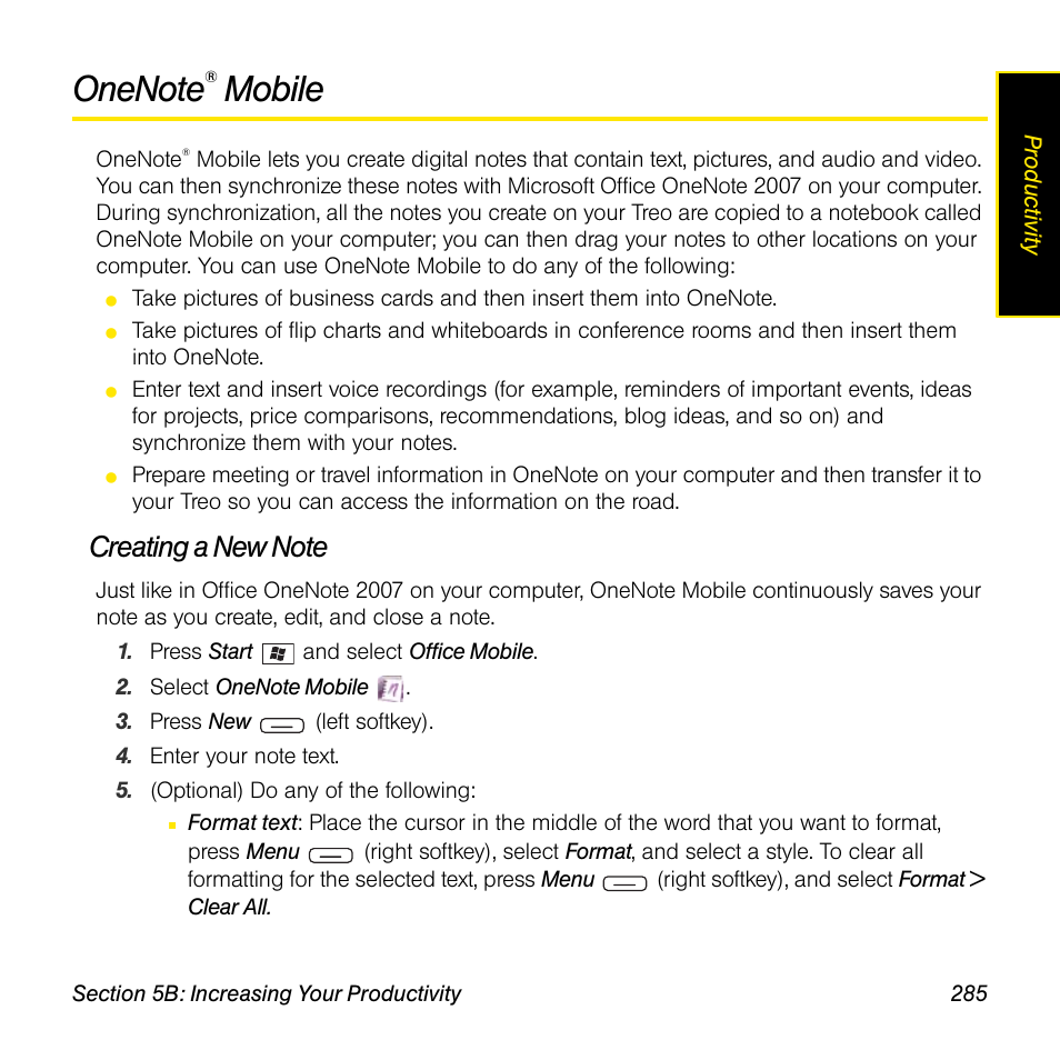Onenote® mobile, Creating a new note, Onenote | Mobile | Sprint Nextel Palm Treo 800w User Manual | Page 285 / 436