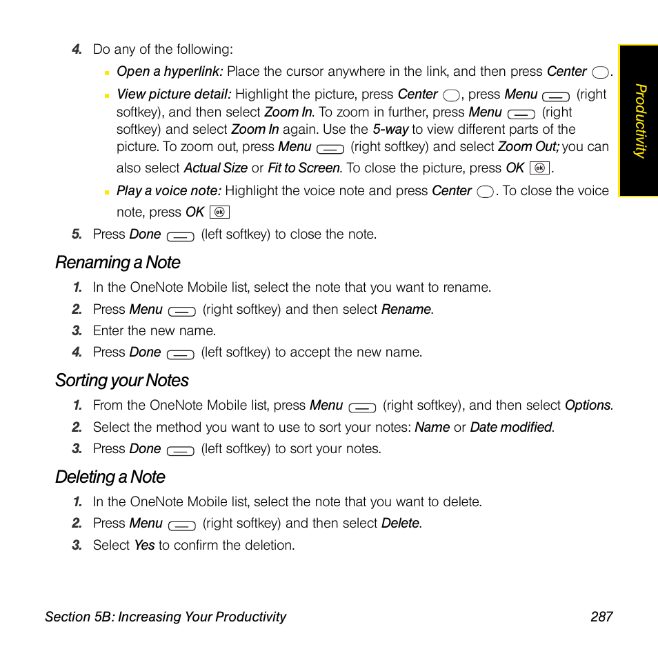 Renaming a note, Sorting your notes, Deleting a note | Sprint Nextel Palm Treo 800w User Manual | Page 287 / 436