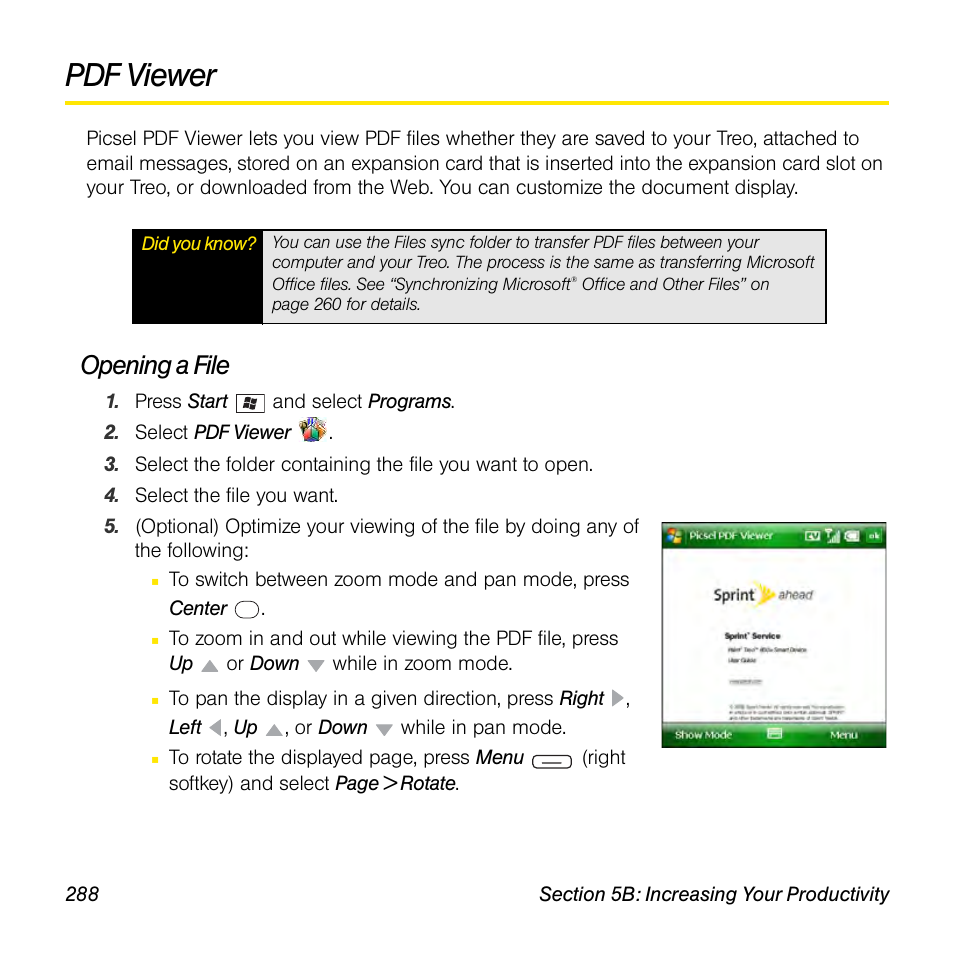 Pdf viewer, Opening a file | Sprint Nextel Palm Treo 800w User Manual | Page 288 / 436