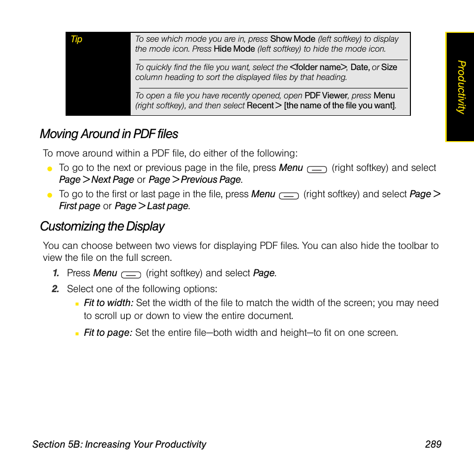 Moving around in pdf files, Customizing the display | Sprint Nextel Palm Treo 800w User Manual | Page 289 / 436