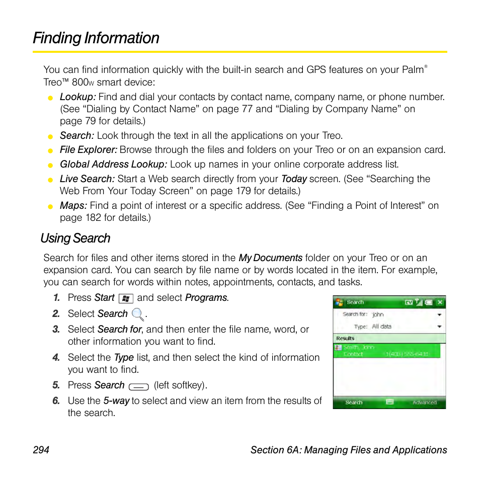 Finding information, Using search | Sprint Nextel Palm Treo 800w User Manual | Page 294 / 436