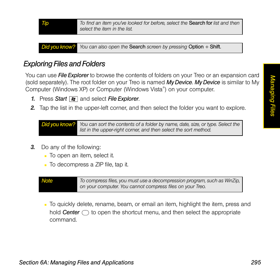 Exploring files and folders | Sprint Nextel Palm Treo 800w User Manual | Page 295 / 436