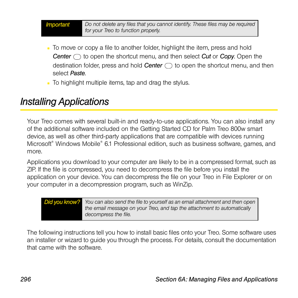 Installing applications | Sprint Nextel Palm Treo 800w User Manual | Page 296 / 436