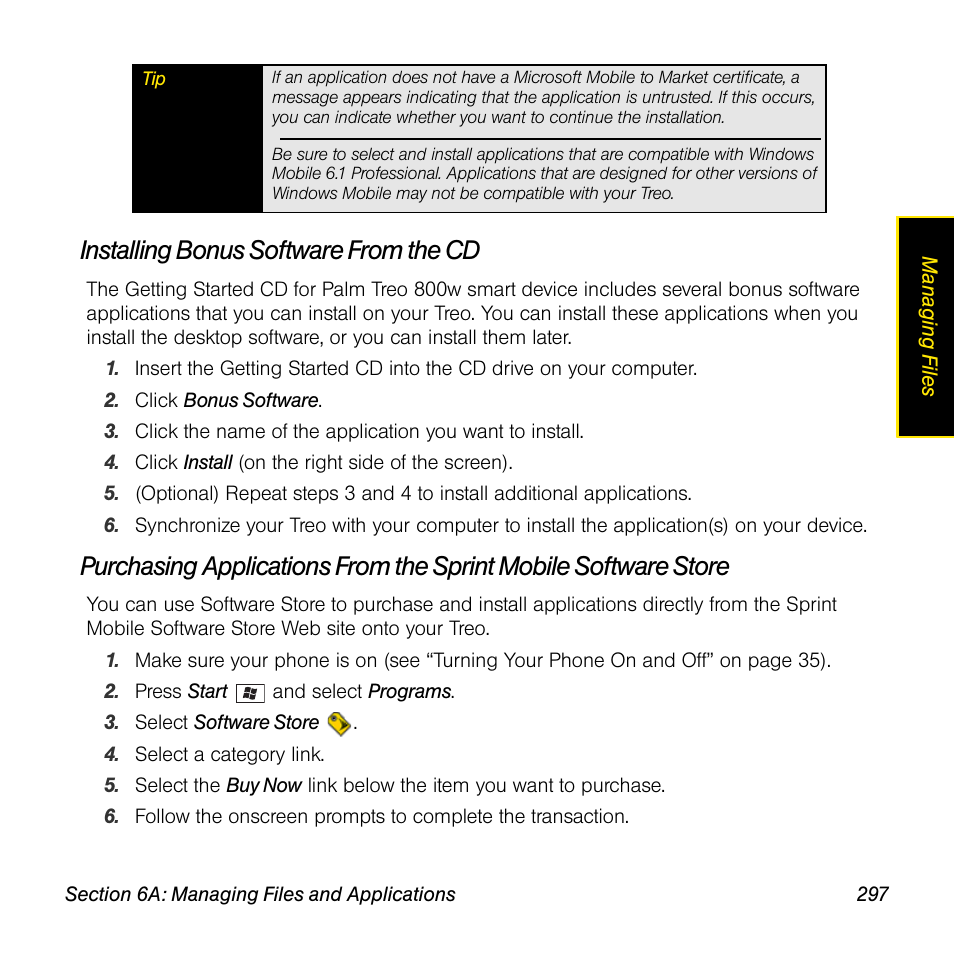Installing bonus software from the cd | Sprint Nextel Palm Treo 800w User Manual | Page 297 / 436