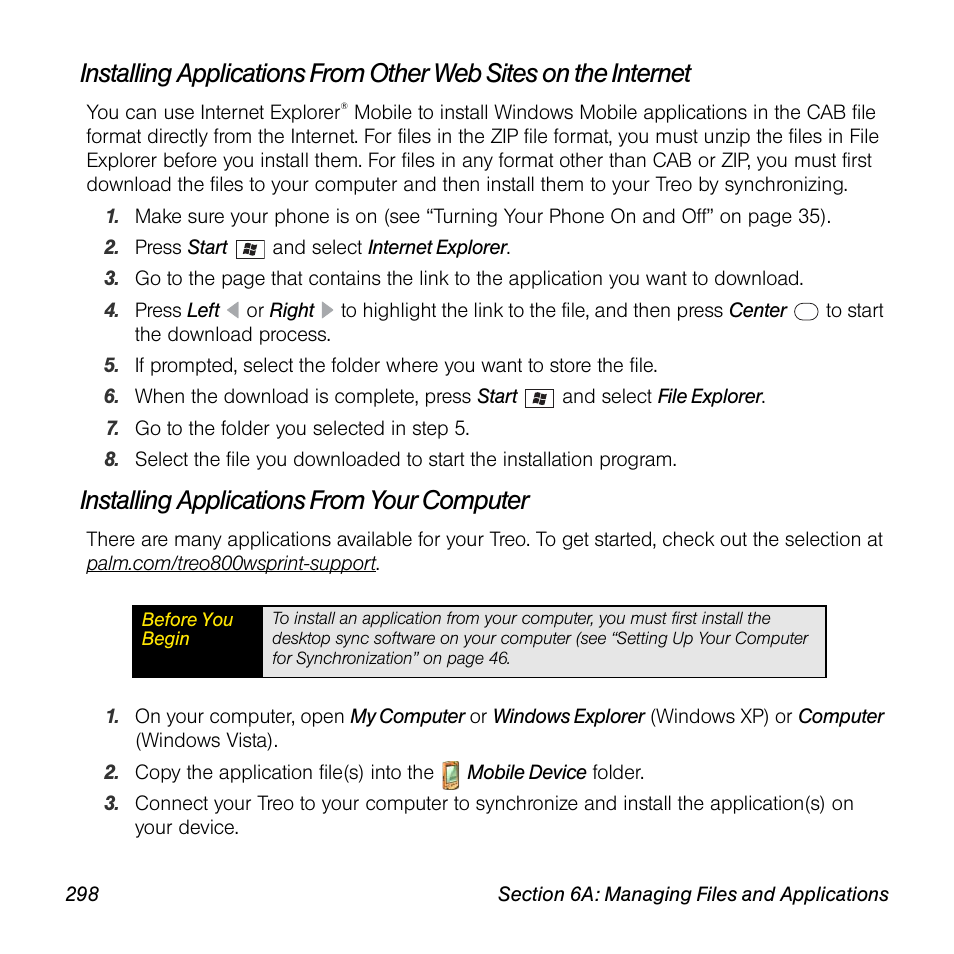 Installing applications from your computer | Sprint Nextel Palm Treo 800w User Manual | Page 298 / 436