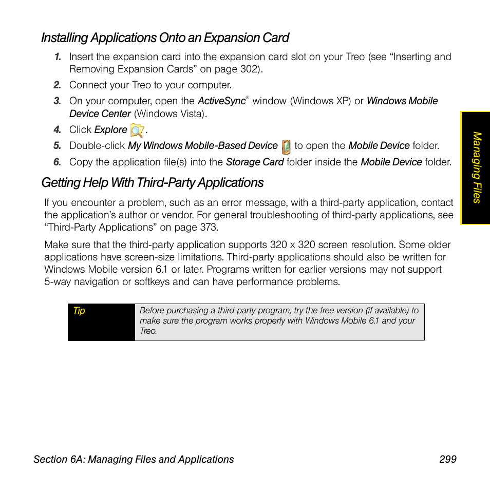 Installing applications onto an expansion card, Getting help with third-party applications | Sprint Nextel Palm Treo 800w User Manual | Page 299 / 436