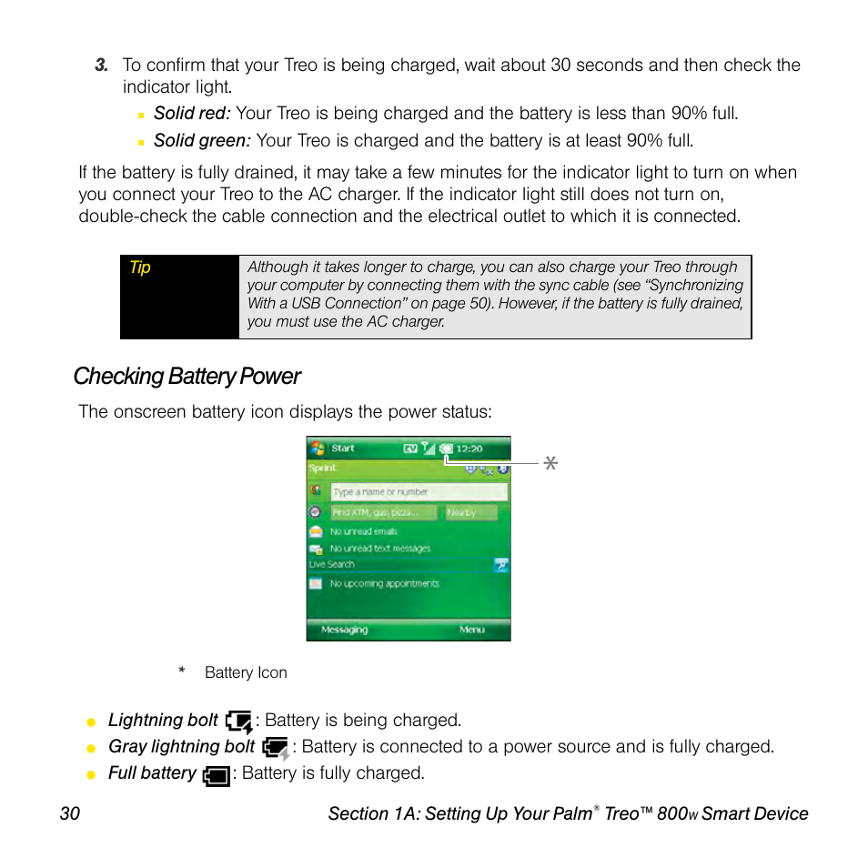 Checking battery power | Sprint Nextel Palm Treo 800w User Manual | Page 30 / 436