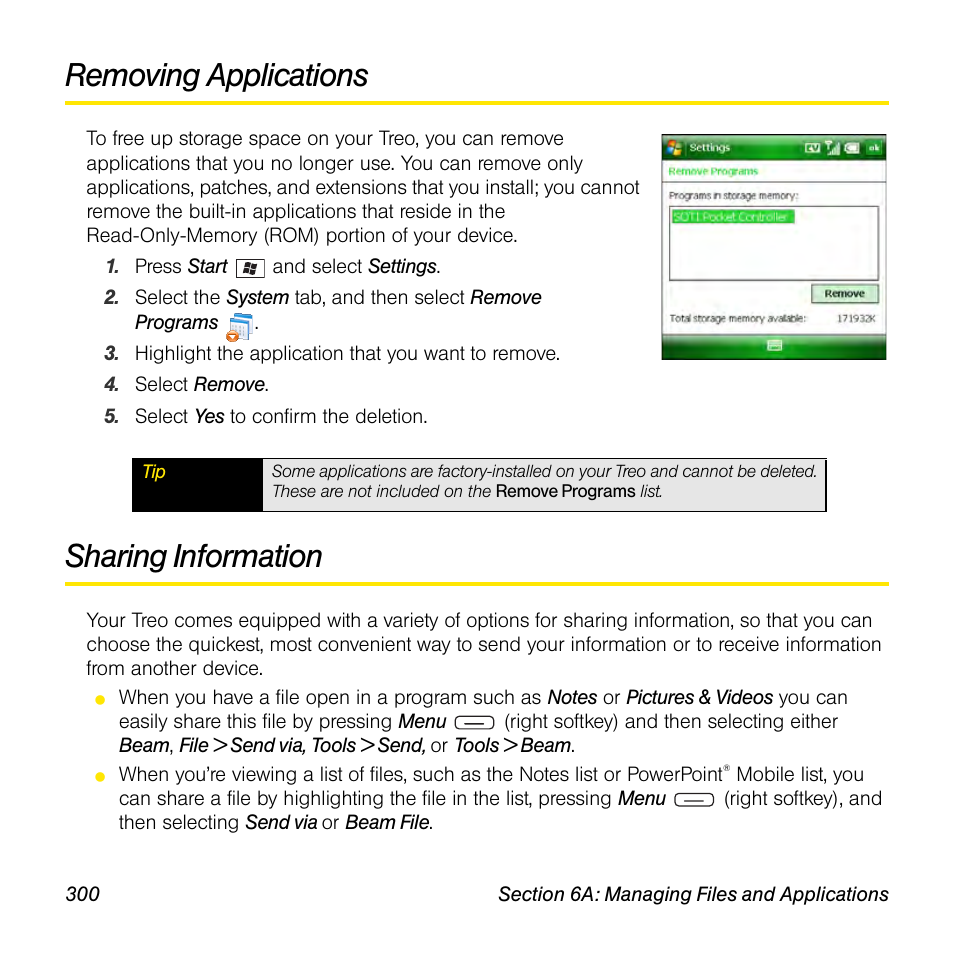 Removing applications, Sharing information | Sprint Nextel Palm Treo 800w User Manual | Page 300 / 436