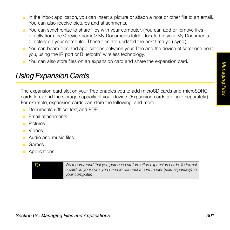 Using expansion cards, Managi ng fil e s | Sprint Nextel Palm Treo 800w User Manual | Page 301 / 436